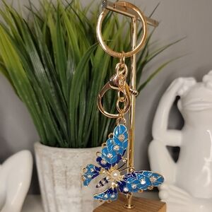 Gold Blue Butterfly Bag Charm Key Chain Rhinestones Light Blue Dark Blue